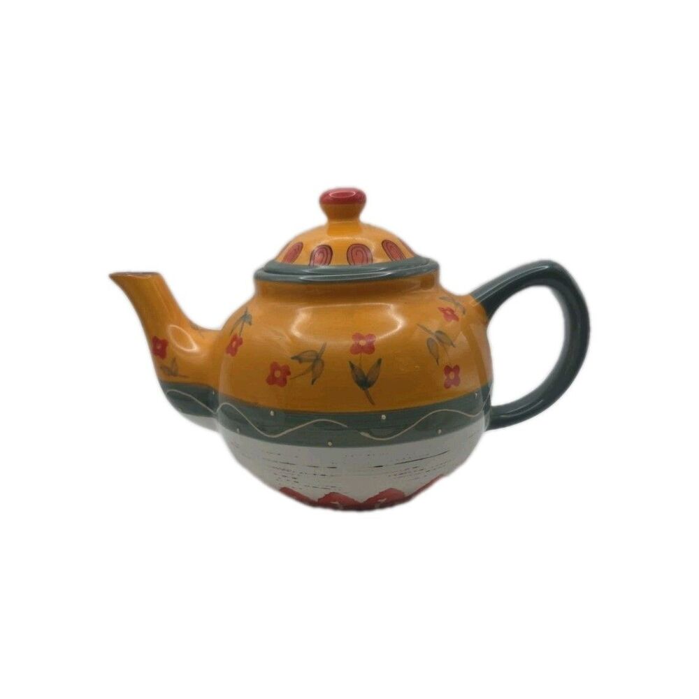 Vintage Folk Art Hand Painted Clay Pottery "Country Garden Path" Teapot